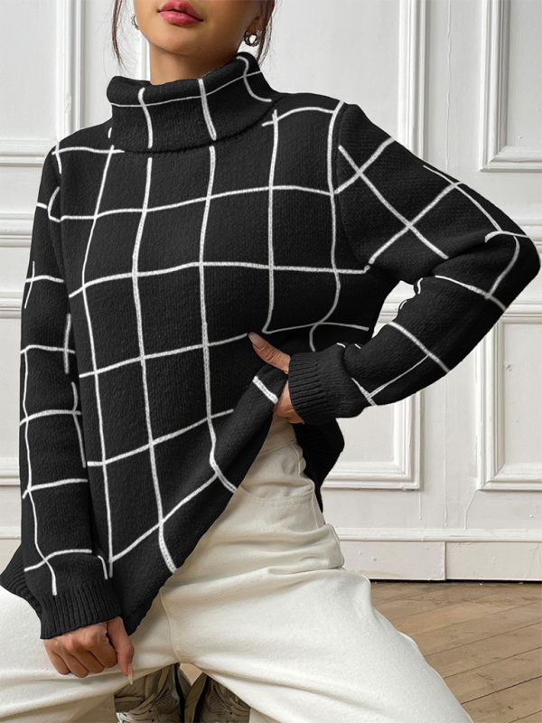 Contrast Plaid Turtleneck Sweater Top - Black / S