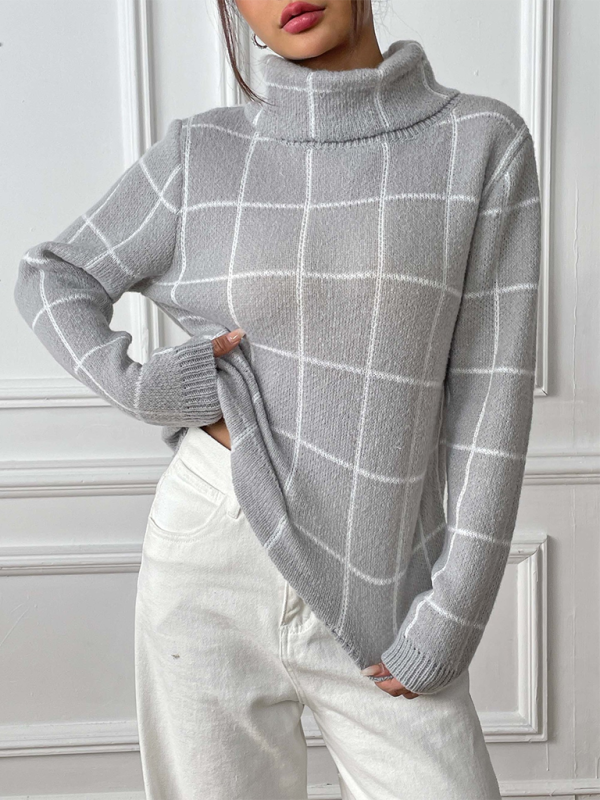 Contrast Plaid Turtleneck Sweater Top - Grey / S