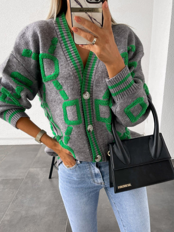 Contrast Single-Breasted Drop-Sleeve Sleeve Sweater Cardigan - Grey / S