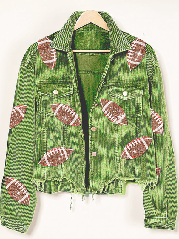Corduroy and rugby sequined jacket women’s short baseball uniform - Green / S