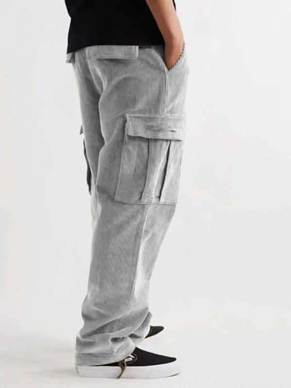 Corduroy multi-pocket straight trousers men’s sweeping pants men’s casual loose trousers - Grey / M