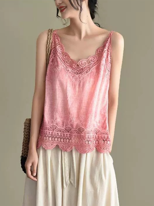 Cotton and Linen Vest Women’s Retro Outerwear Suspenders Embroidered Lace Hollow Top - Hot pink / FREESIZE