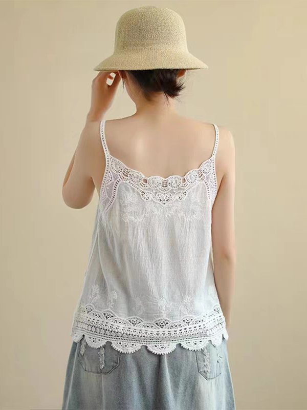 Cotton and Linen Vest Women’s Retro Outerwear Suspenders Embroidered Lace Hollow Top