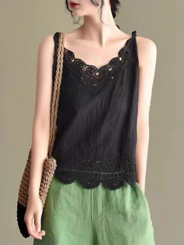 Cotton and Linen Vest Women’s Retro Outerwear Suspenders Embroidered Lace Hollow Top - Black / FREESIZE