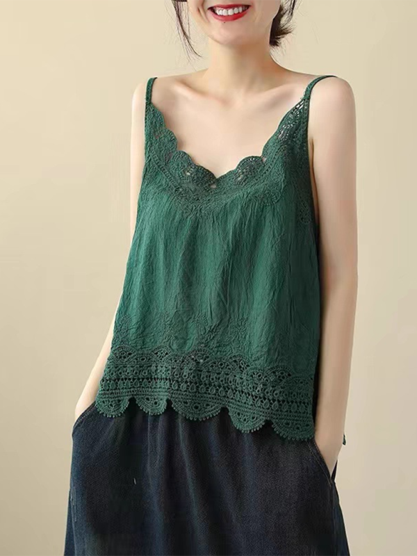 Cotton and Linen Vest Women’s Retro Outerwear Suspenders Embroidered Lace Hollow Top - Green black jasper / FREESIZE
