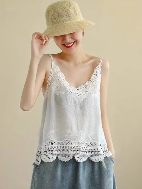 Cotton and Linen Vest Women’s Retro Outerwear Suspenders Embroidered Lace Hollow Top - White / FREESIZE