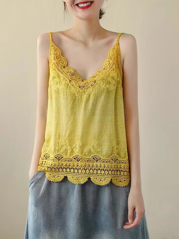 Cotton and Linen Vest Women’s Retro Outerwear Suspenders Embroidered Lace Hollow Top - Yellow / FREESIZE
