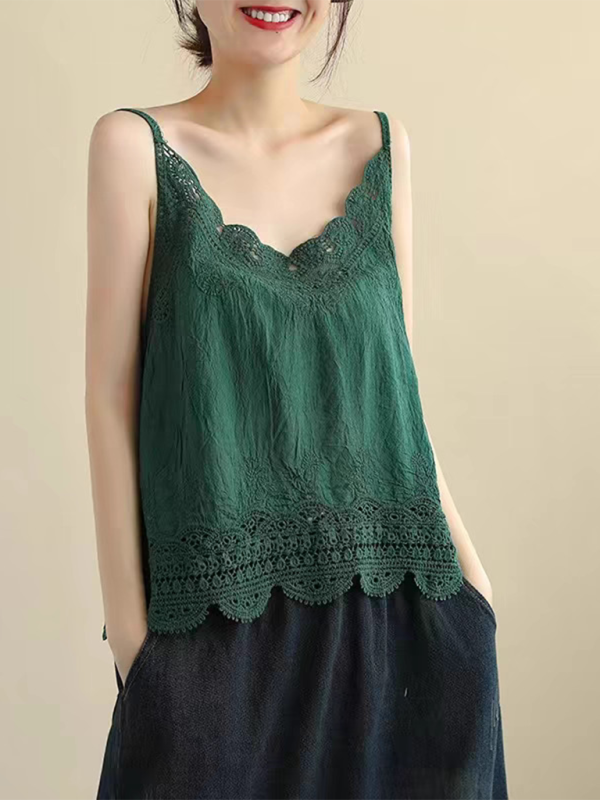 Cotton and Linen Vest Women’s Retro Outerwear Suspenders Embroidered Lace Hollow Top