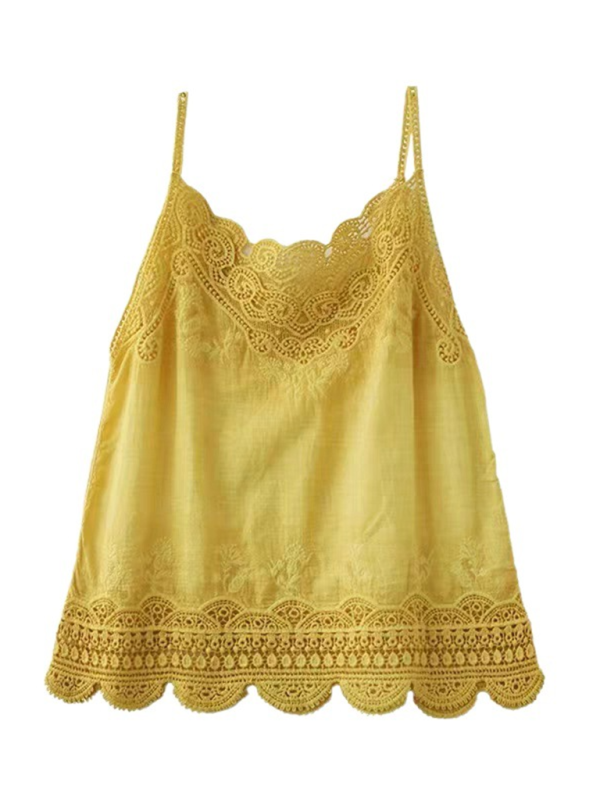 Cotton and Linen Vest Women’s Retro Outerwear Suspenders Embroidered Lace Hollow Top
