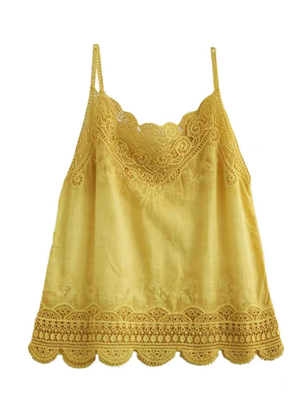 Cotton and Linen Vest Women’s Retro Outerwear Suspenders Embroidered Lace Hollow Top