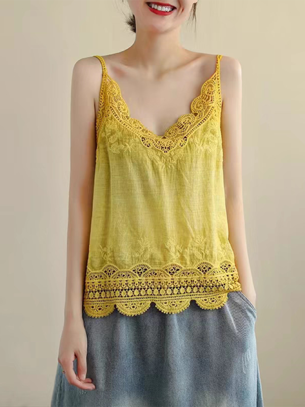 Cotton and Linen Vest Women’s Retro Outerwear Suspenders Embroidered Lace Hollow Top