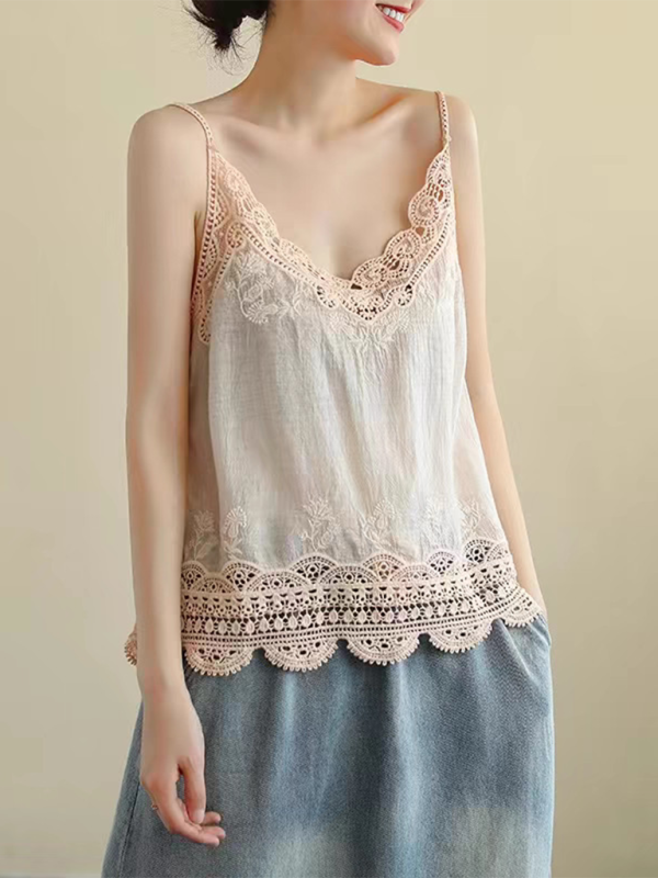 Cotton and Linen Vest Women’s Retro Outerwear Suspenders Embroidered Lace Hollow Top