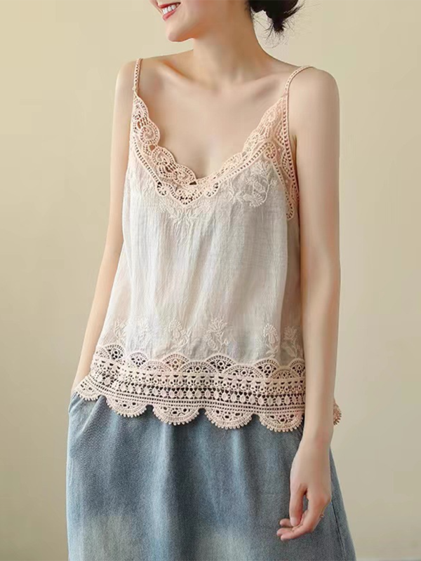 Cotton and Linen Vest Women’s Retro Outerwear Suspenders Embroidered Lace Hollow Top - Pastel pink / FREESIZE