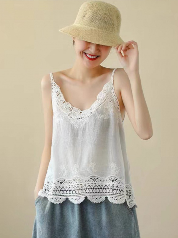 Cotton and Linen Vest Women’s Retro Outerwear Suspenders Embroidered Lace Hollow Top