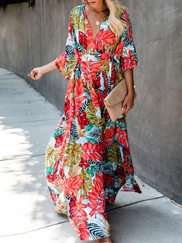 Cotton large flower beach blouse holiday sun protection shirt robe dress bikini blouse - Orange Red / FREESIZE