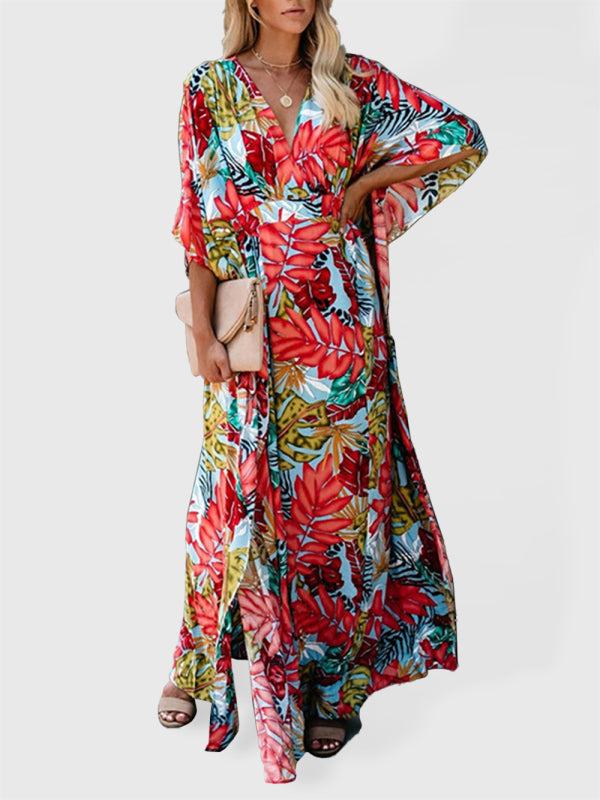 Cotton large flower beach blouse holiday sun protection shirt robe dress bikini blouse - Orange Red / FREESIZE