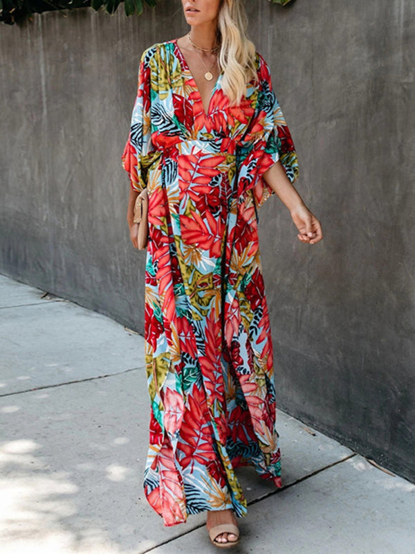 Cotton large flower beach blouse holiday sun protection shirt robe dress bikini blouse - Orange Red / FREESIZE