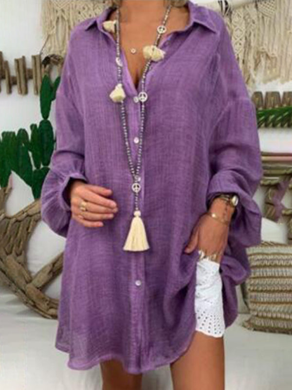 Cotton Linen Shirt Plus Size Ladies Button Loose Long Sleeve Casual Shirt Women Tops - Purple / S