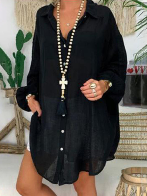 Cotton Linen Shirt Plus Size Ladies Button Loose Long Sleeve Casual Shirt Women Tops - Black / S