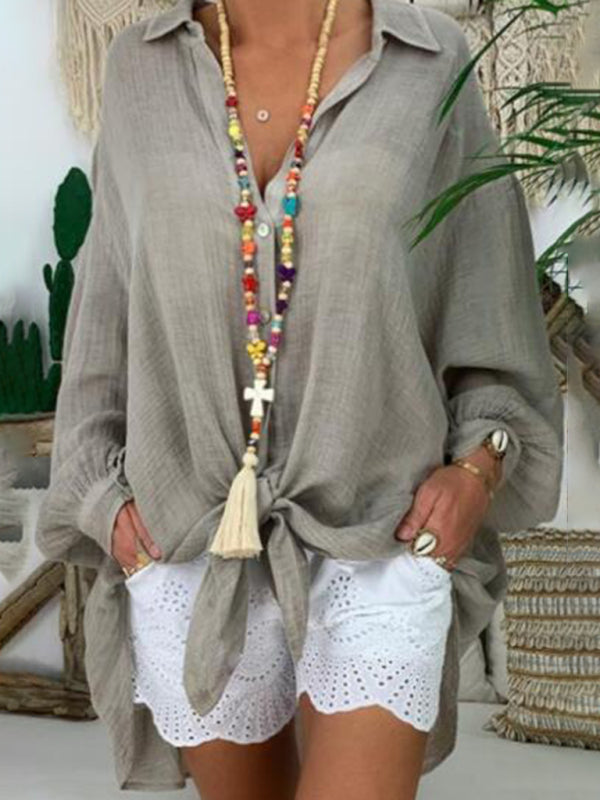 Cotton Linen Shirt Plus Size Ladies Button Loose Long Sleeve Casual Shirt Women Tops - Grey / S