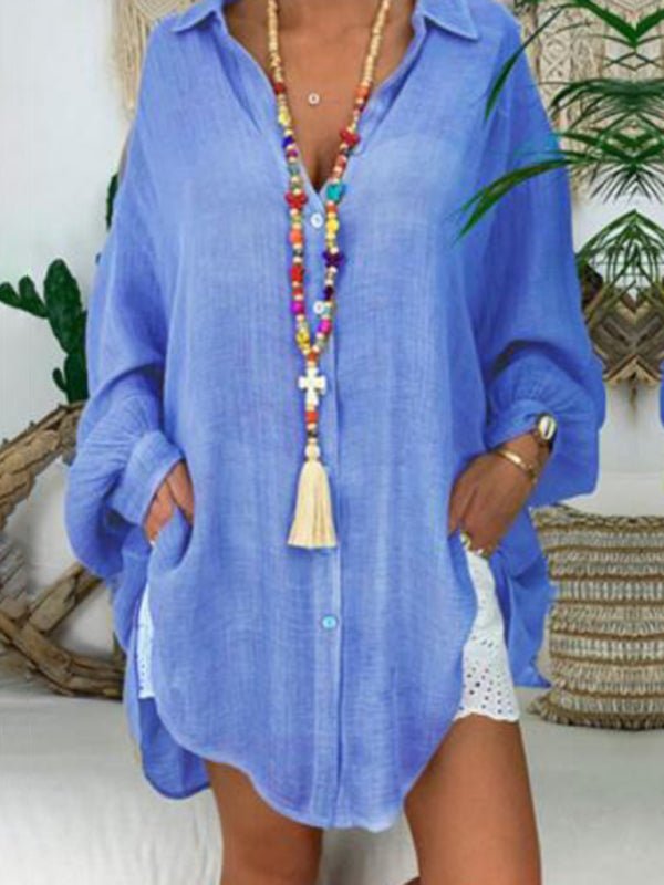 Cotton Linen Shirt Plus Size Ladies Button Loose Long Sleeve Casual Shirt Women Tops - Blue / S