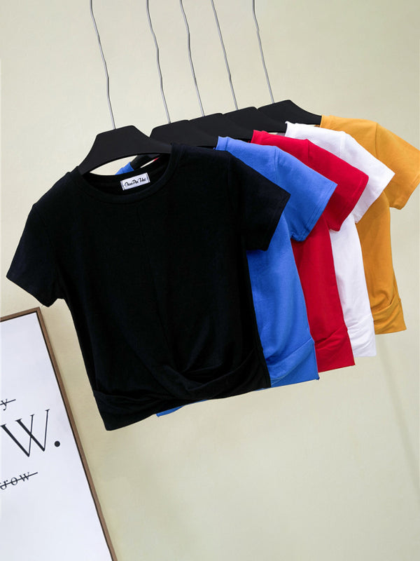 Cotton Short Sleeve Cropped Top Cross Knotted Skinny Cropped T-Shirt - Black / S