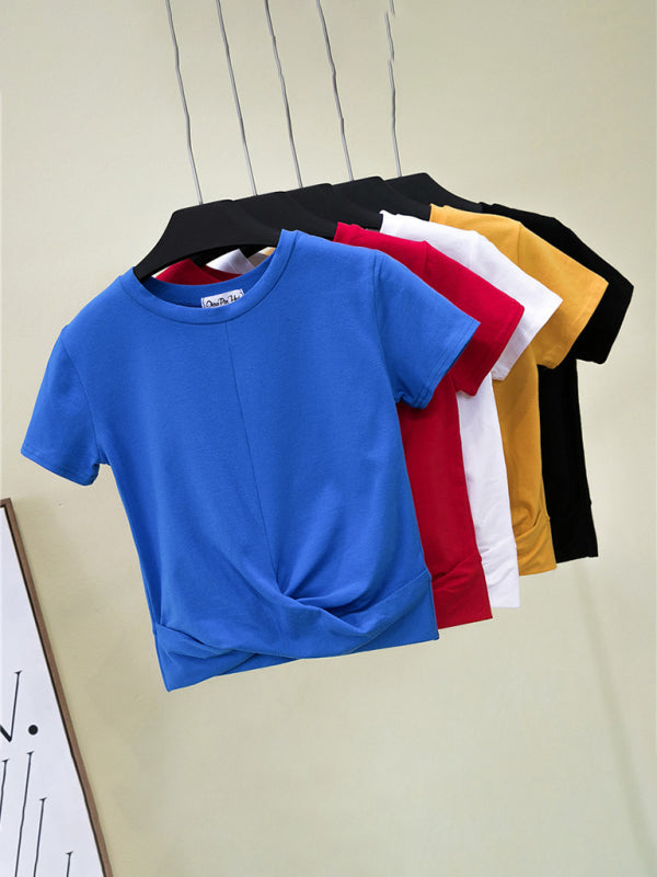 Cotton Short Sleeve Cropped Top Cross Knotted Skinny Cropped T-Shirt - Blue / S