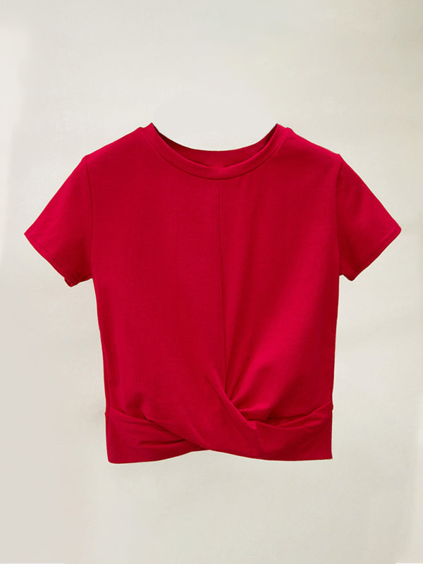 Cotton Short Sleeve Cropped Top Cross Knotted Skinny Cropped T-Shirt - Red / S