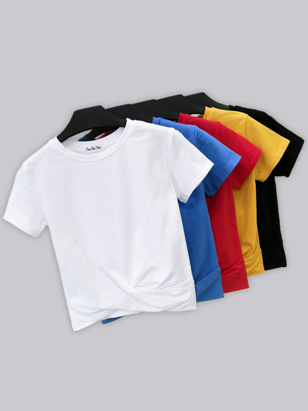 Cotton Short Sleeve Cropped Top Cross Knotted Skinny Cropped T-Shirt - White / S