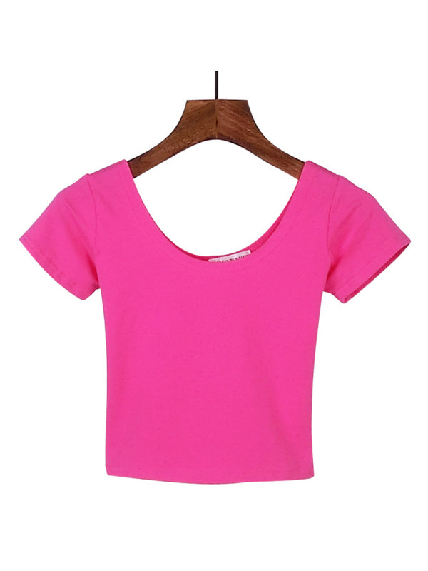 Cotton tight-fitting navel-cut short-sleeved women’s t-shirt slim high-waist cropped top - Rose / S
