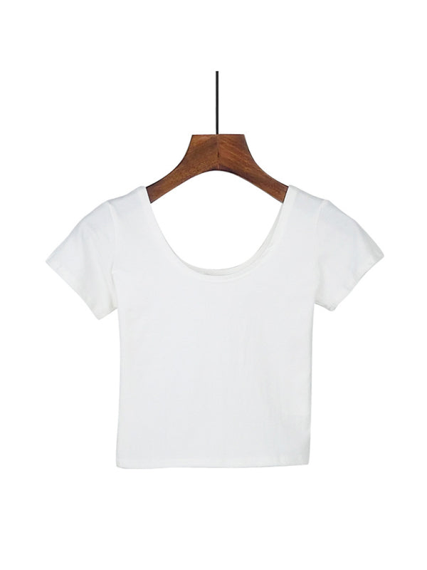 Cotton tight-fitting navel-cut short-sleeved women’s t-shirt slim high-waist cropped top - White / S