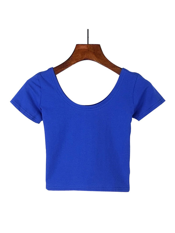 Cotton tight-fitting navel-cut short-sleeved women’s t-shirt slim high-waist cropped top - Blue / S