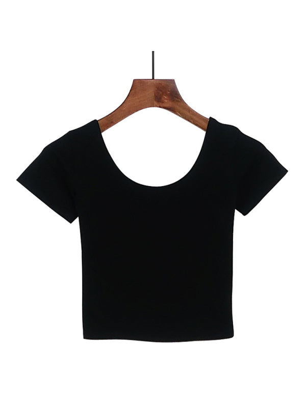 Cotton tight-fitting navel-cut short-sleeved women’s t-shirt slim high-waist cropped top - Black / S