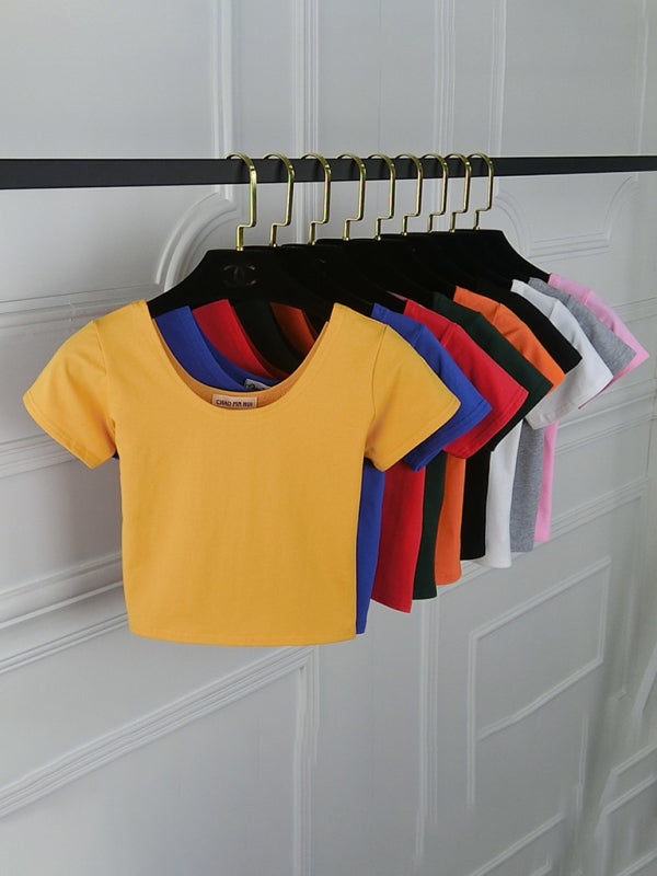 Cotton tight-fitting navel-cut short-sleeved women’s t-shirt slim high-waist cropped top