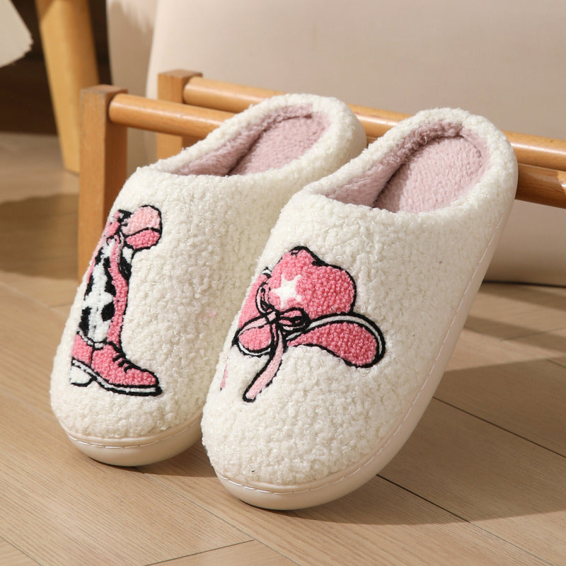 Cowboy pink boots hat pattern cotton slippers indoor home plush warm slippers - White / 36/37