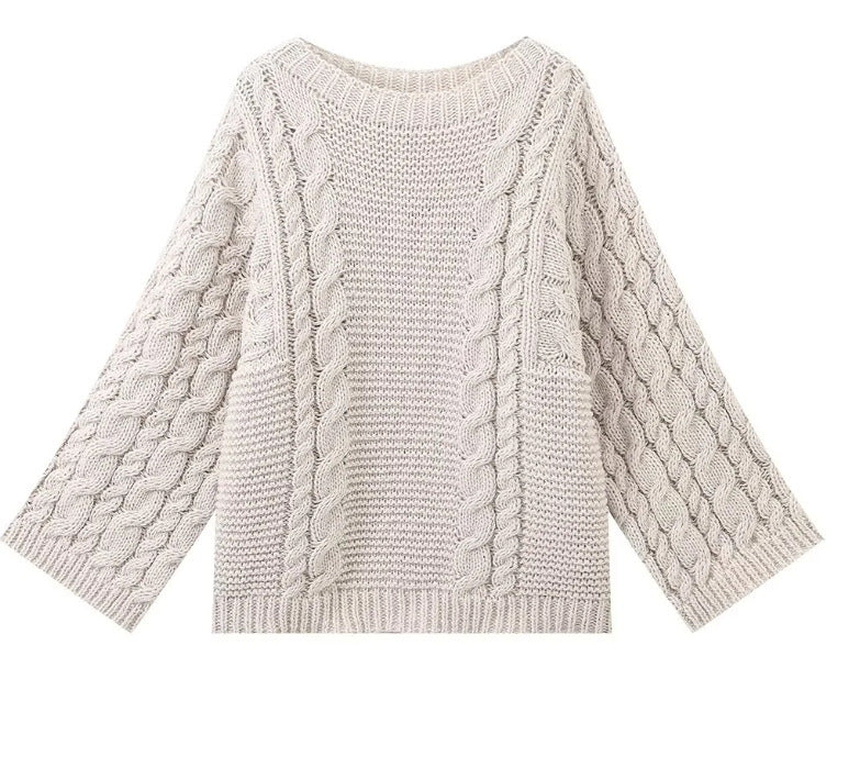 Crew neck bell sleeve knit loose sweater - Cream / S