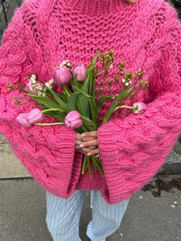 Crew neck bell sleeve knit loose sweater - Rose / S