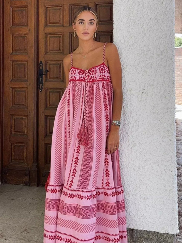 Crochet patchwork knitted ethnic style slip dress - Pink / XS