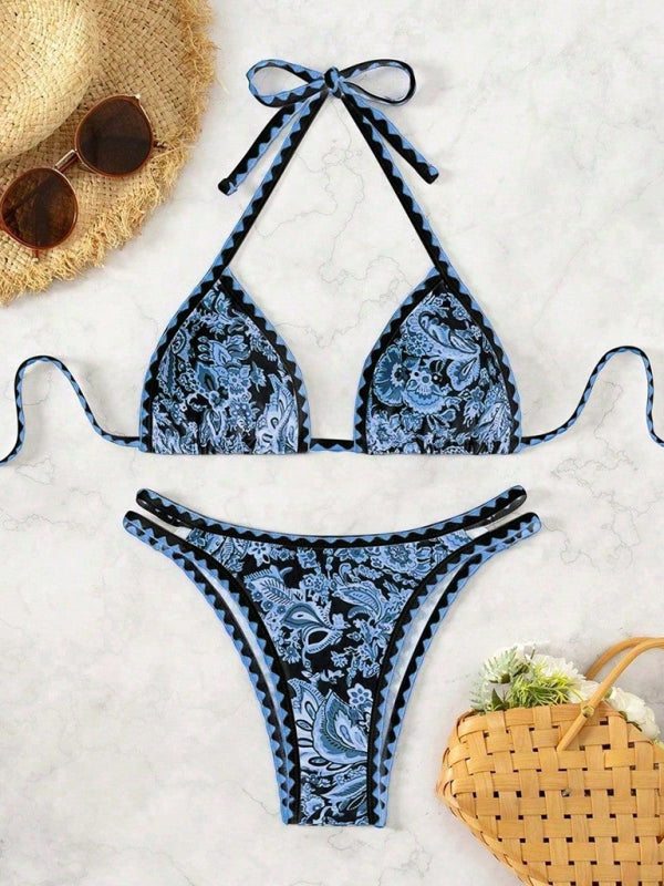 Dark blue printed halter neck sexy bikini - Purplish blue navy / S
