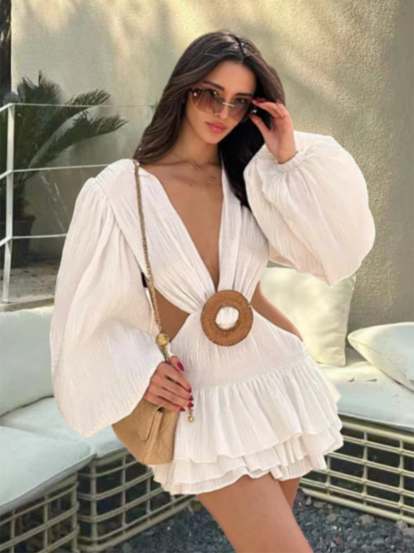 Deep V long sleeve pure sexy side waist exposed fashion new dress - White / S