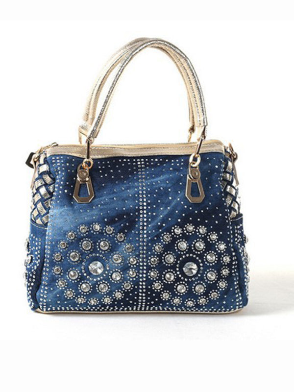 Denim bag canvas hand-held diamond shoulder crossbody bag tote bag - Golden / FREESIZE