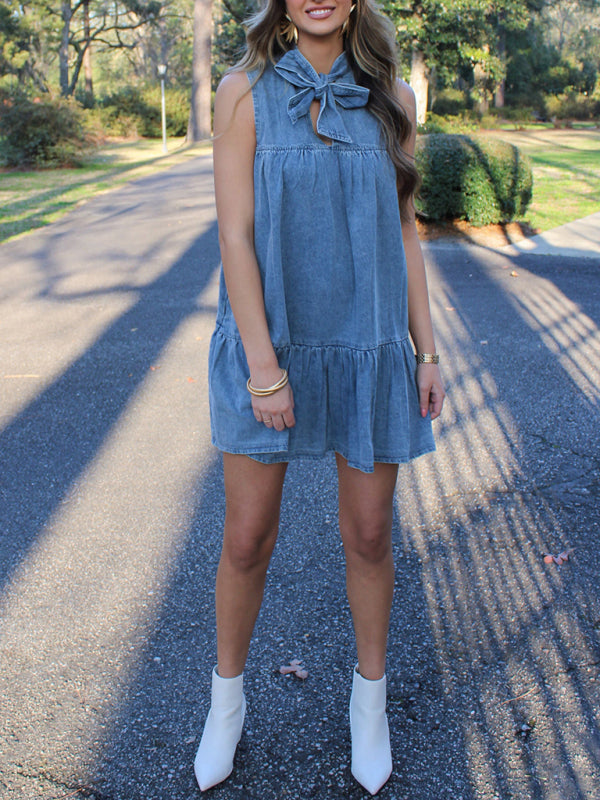 Denim bow tie loose dress - Blue / S