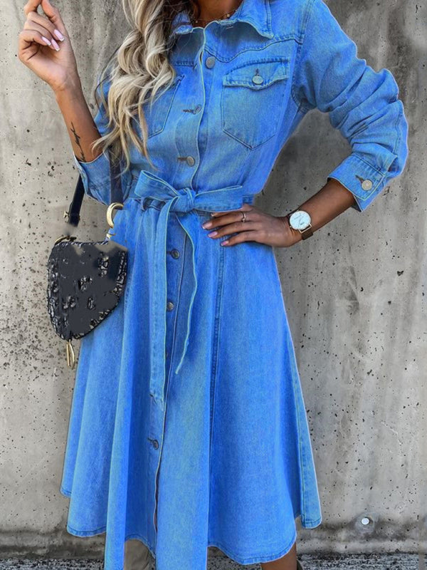 Denim Casual High Waist Pocket Lapel Dress - Blue / S