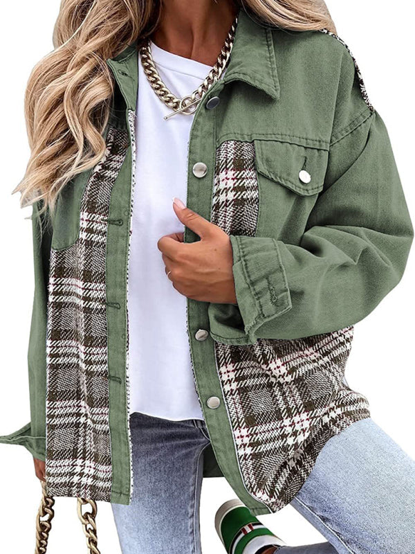 Olive green plaid patchwork denim jacket long sleeve button-down shirt jacket top