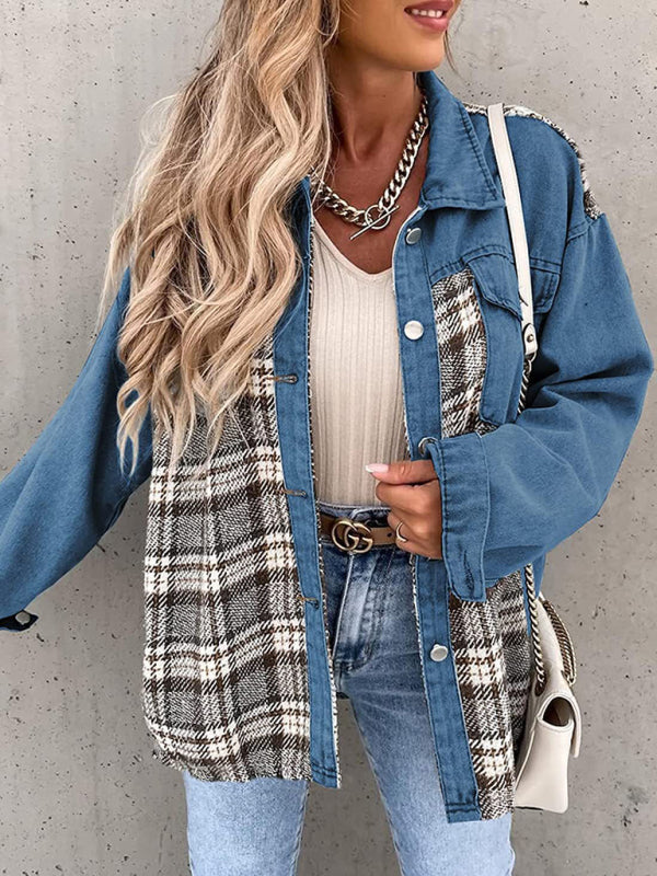 Denim jacket long sleeve patchwork design with plaid details for stylish outerwear