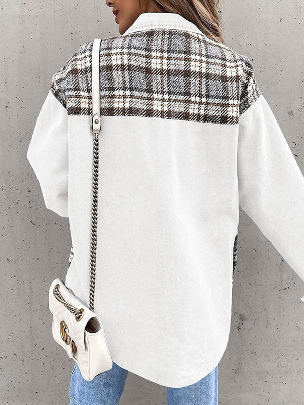 White and plaid oversized denim jacket long sleeve button-down shirt jacket top