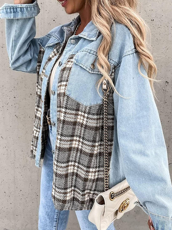 Denim jacket long sleeve with plaid patchwork design, stylish button-down top
