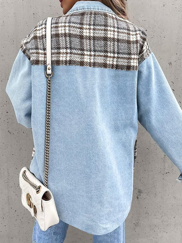 Blue denim and plaid jacket long sleeve button down shirt jacket top for versatile style