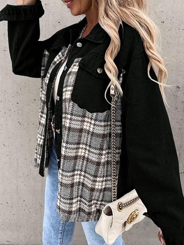Black and plaid patchwork denim jacket long sleeve shirt jacket top for stylish wear