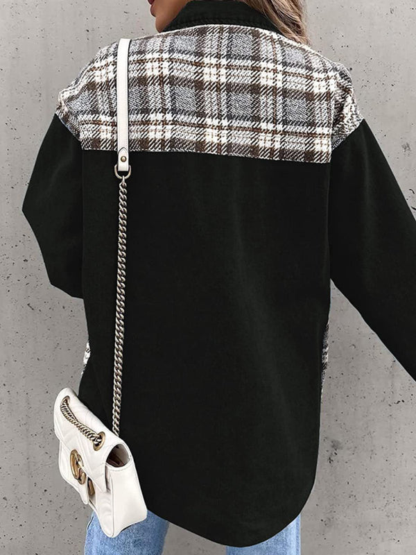 Black and plaid color block denim jacket long sleeve button-down shirt jacket top